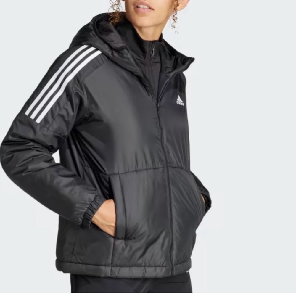 Adidas Black Hooded Puffer with White 3-Stripes